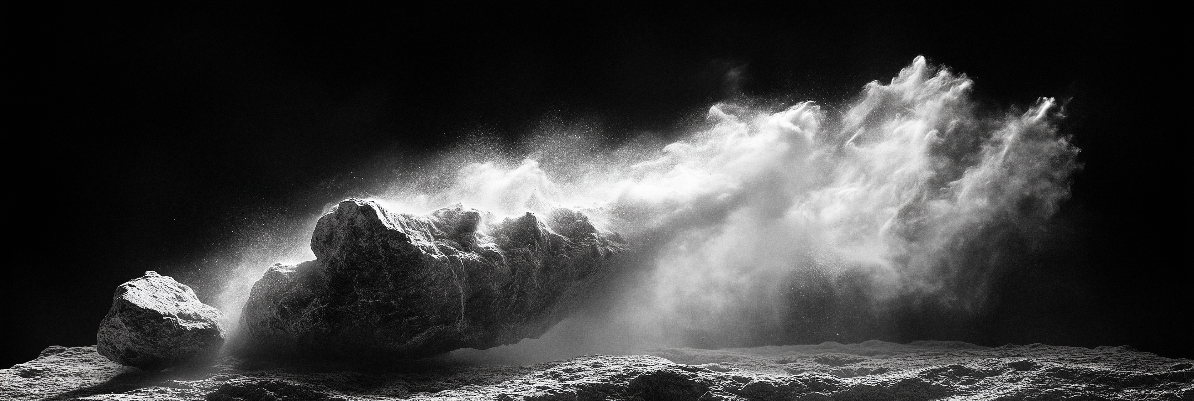 Black and white image of a large wave crashing over rocks.